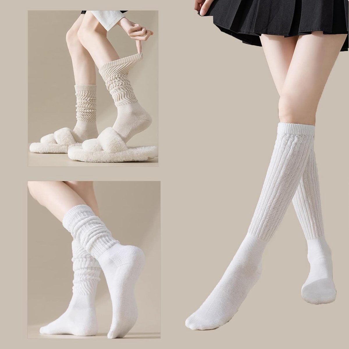 2 Pairs Women's Overknee Socks, Fleece Thermal Stockings, Plain High Ankle Cotton Socks, Long Socks for Boots - ShopVlot