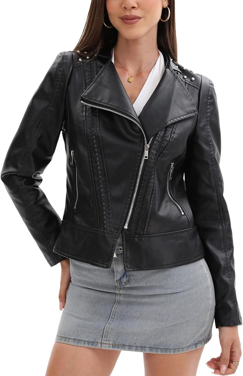 Motorjack korte dames - faux leren - studs en rivets - trendy punk stijl - ShopVlot