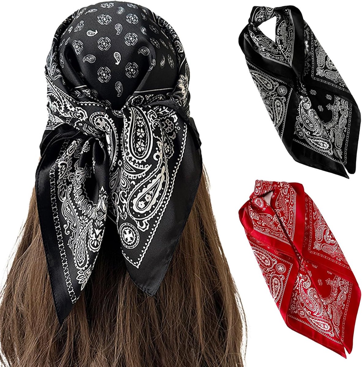 Dames sjaal set van 2 - 70 x 70 cm - satijnzijde - retro paisley print - veelzijdig accessoire - ShopVlot