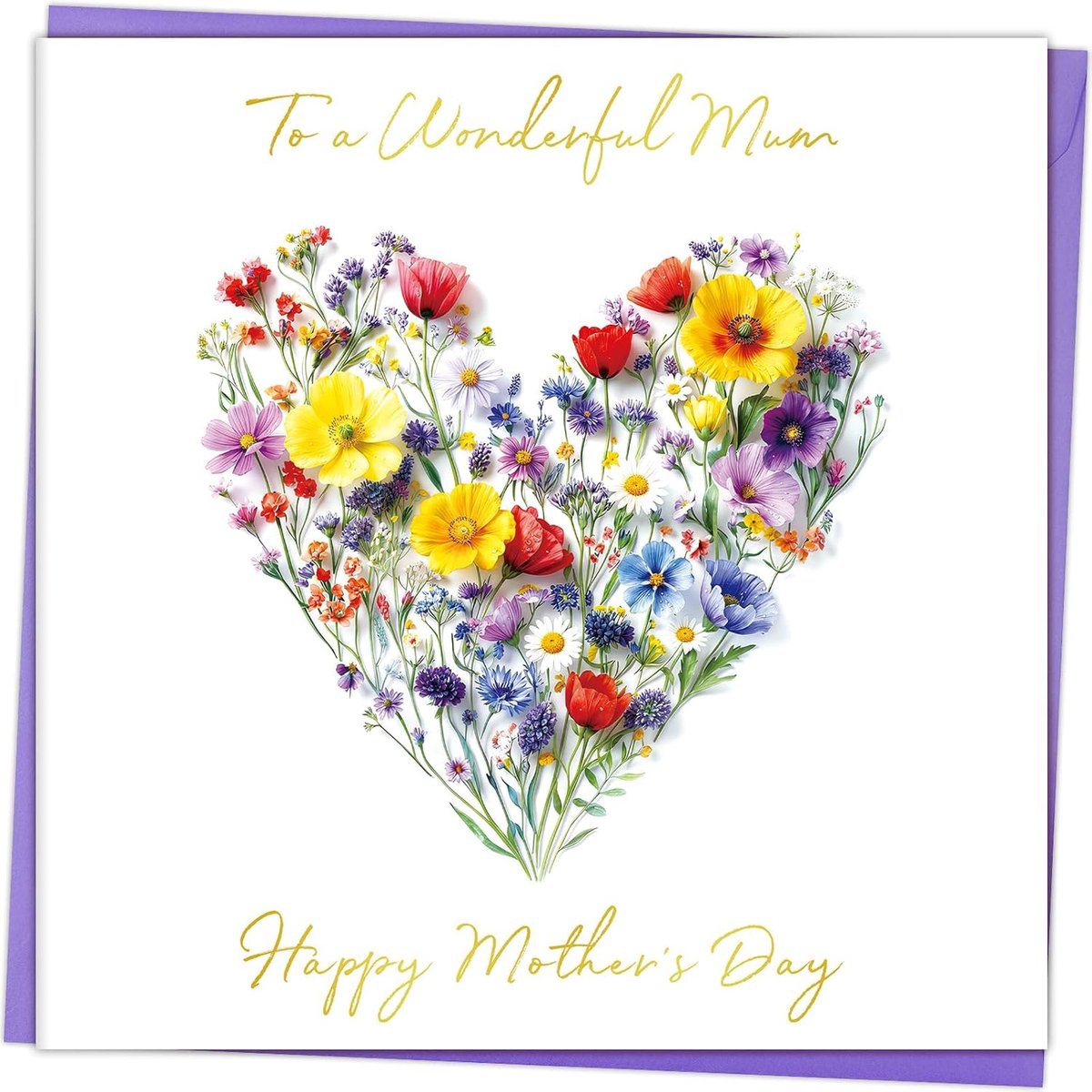 Moederdagkaart - bloemenhart - paarse envelop - hartelijke boodschap voor mama - ShopVlot