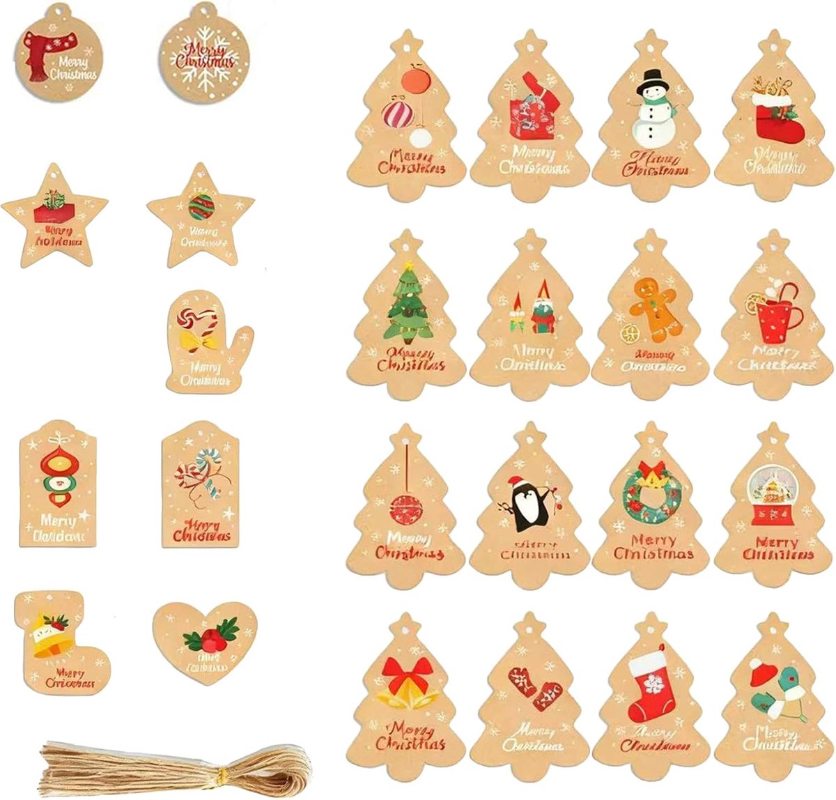 Kerstboom versieringen set - natuurlijke kraft papier - 50 feestelijke ornamenten - creëer een nostalgische sfeer - ShopVlot