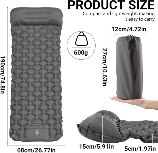 Opblaasbare mat 190 x 60 cm - TPU - met voetpedaal - ideaal voor camping - ShopVlot — afbeelding 2