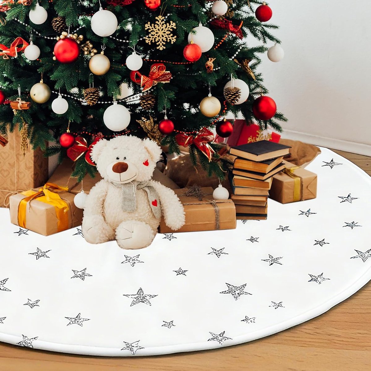 Kerstboomdeken 120 cm - Witte pluche kerstboomdeken - Met zilveren sterren - Elegante afwerking voor uw kerstboom - ShopVlot