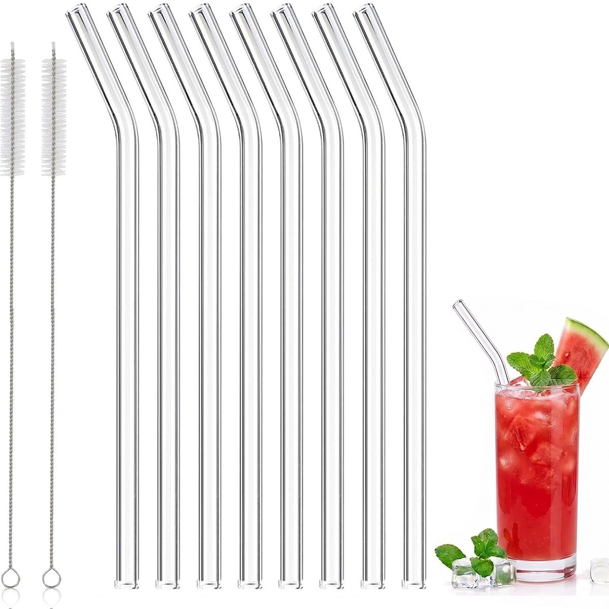 Solidchoice - Set van 8 Herbruikbare Glazen Rietjes met Borstels