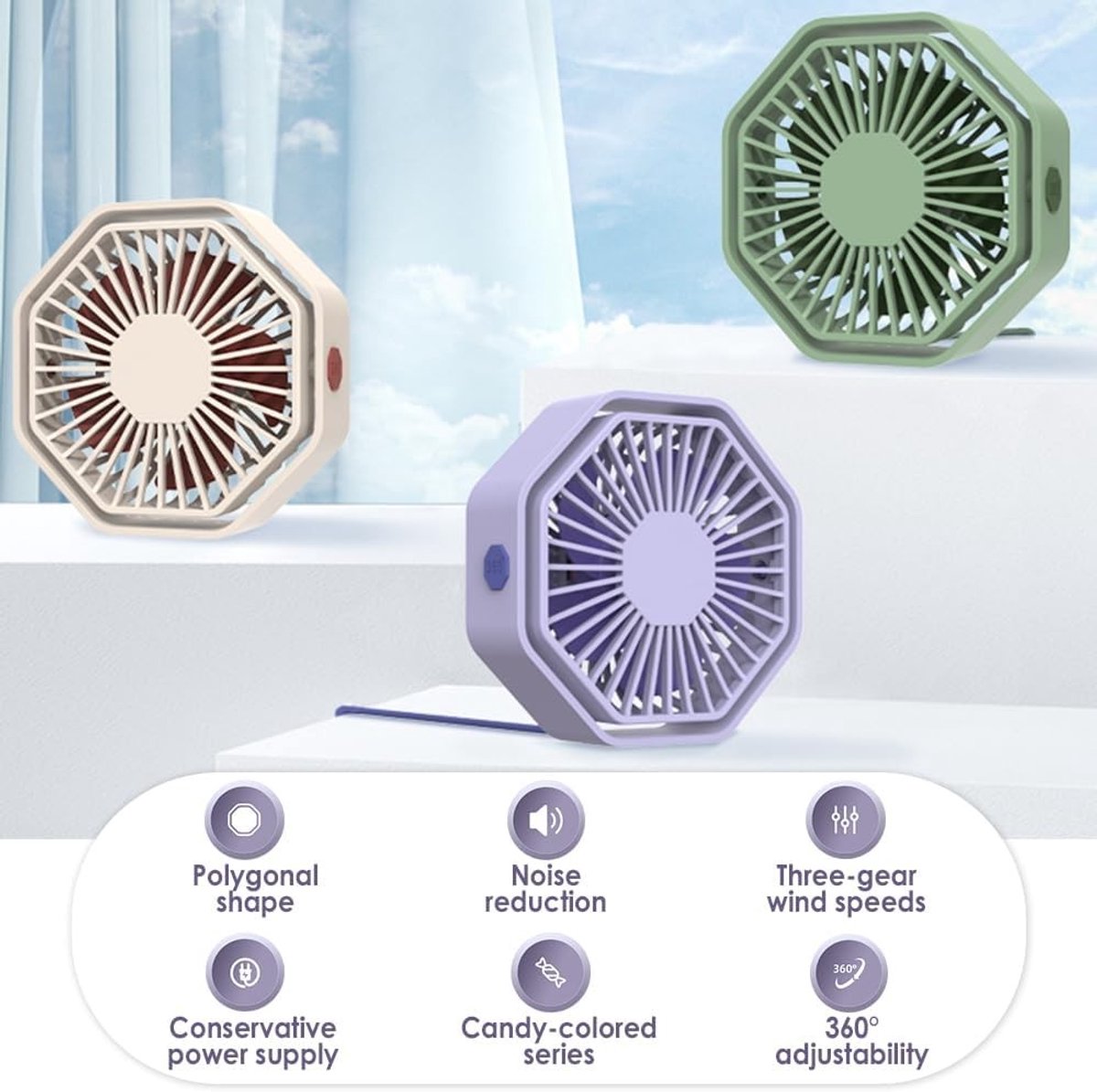 USB-ventilator - Groen - 12,3 x 12,3 x 5 cm - Mini Tafelventilator met 360 Graden Rotatie - Voor Thuis en Kantoor