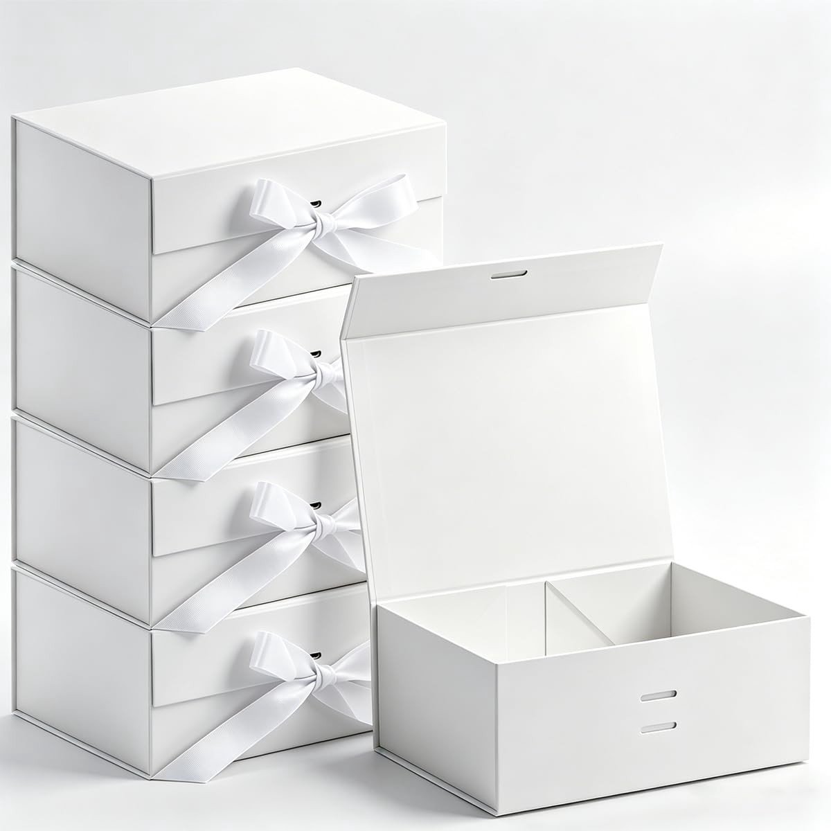 SnelShoppen - 5-delige set witte geschenkdozen met deksel 24 x 18,5 x 10,5 cm, magnetisch deksel en lint, verpakking voor cadeaus, ideaal voor verjaar