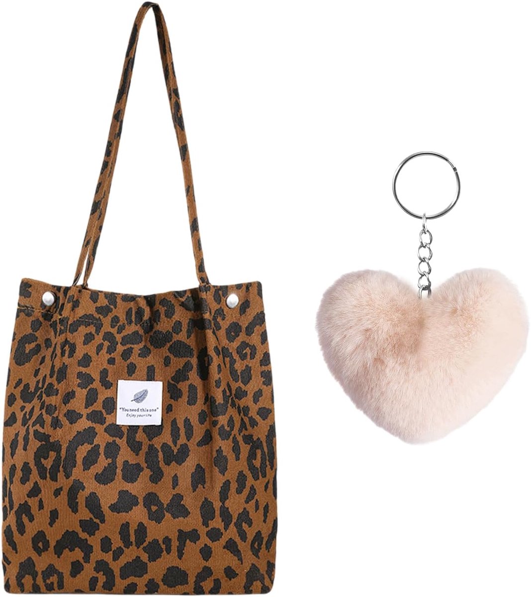1 Piece Leopard Pattern Corduroy Shoulder Bag with 1 Piece Heart Shaped Apricot Pendant, Women Shoulder Bag, Large - ShopVlot