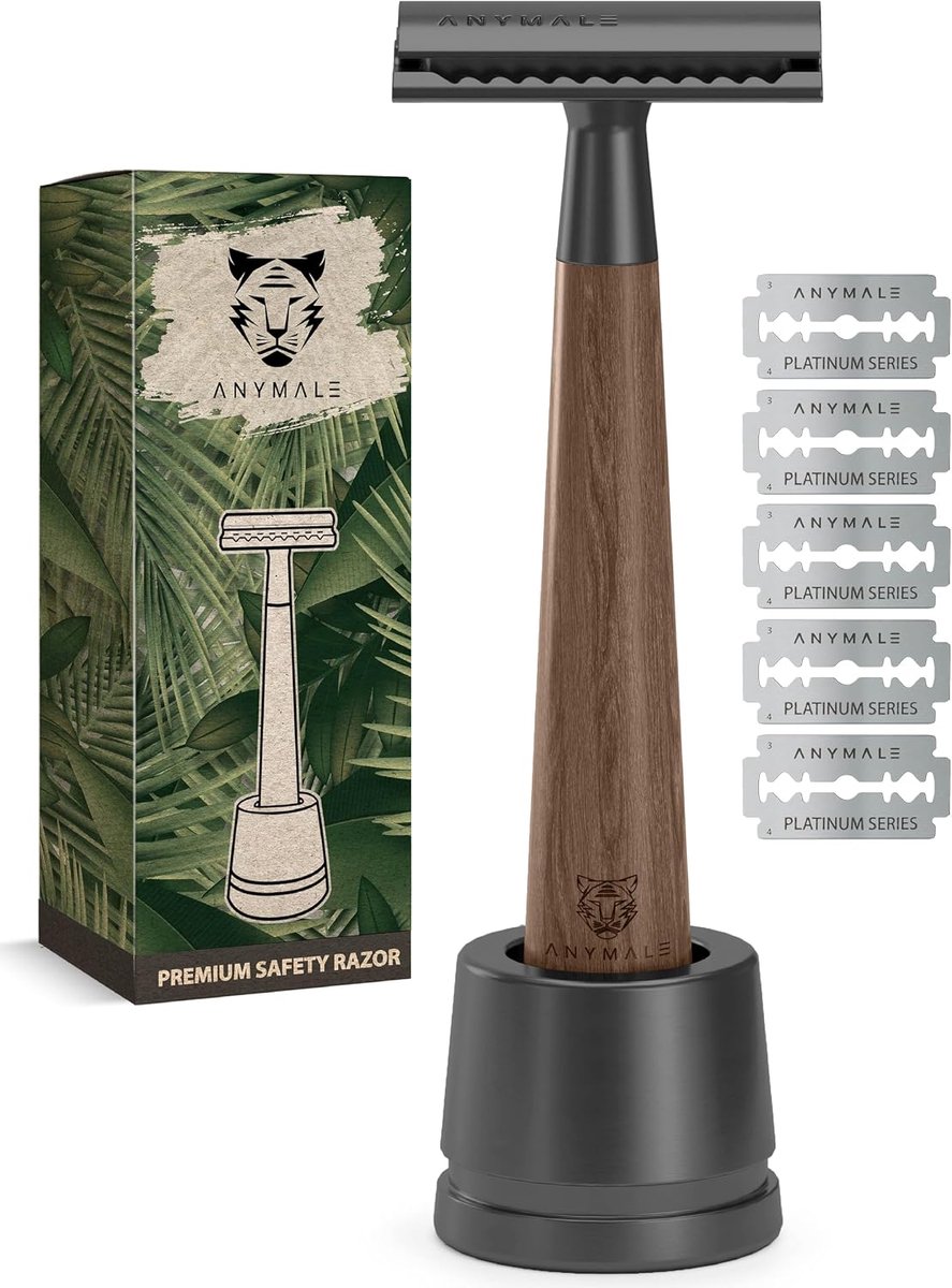 Razor for Women & Men, Walnut Handle incl. Razor Stand (Black) - Wet Shaver & Razor Metal with 5 Blades - ShopVlot