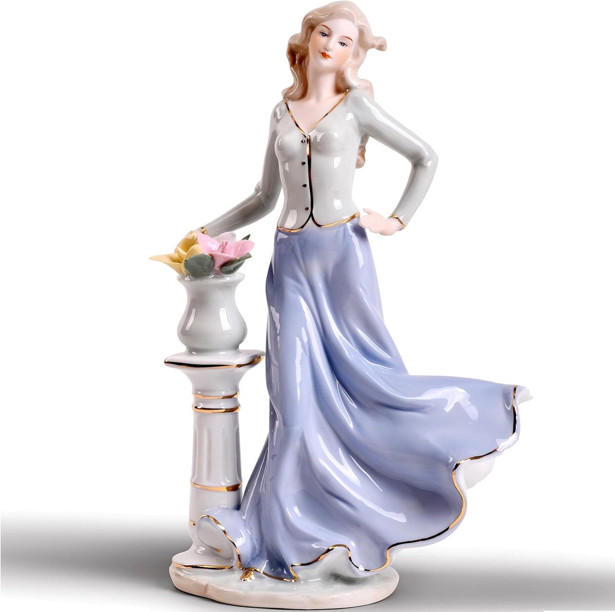 MTME Porcelain Figurine, Lady with Flowers, Memorabilia, Wedding Gifts, Statue Home Decoration (Lady in Wind) - ShopVlot