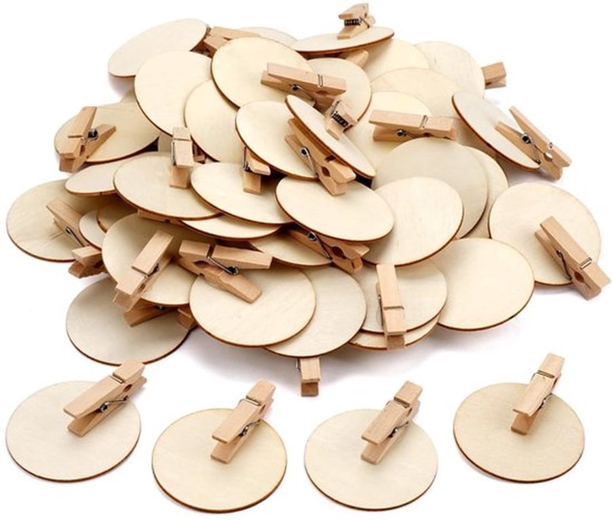 Houten Klemmen 50 Stuks - 4,8 cm - Natuurlijk - Ronde Schijf - Knutselklemmen - Decoratieve Klemmen - Mini Klemmen voor Ansichtkaarten