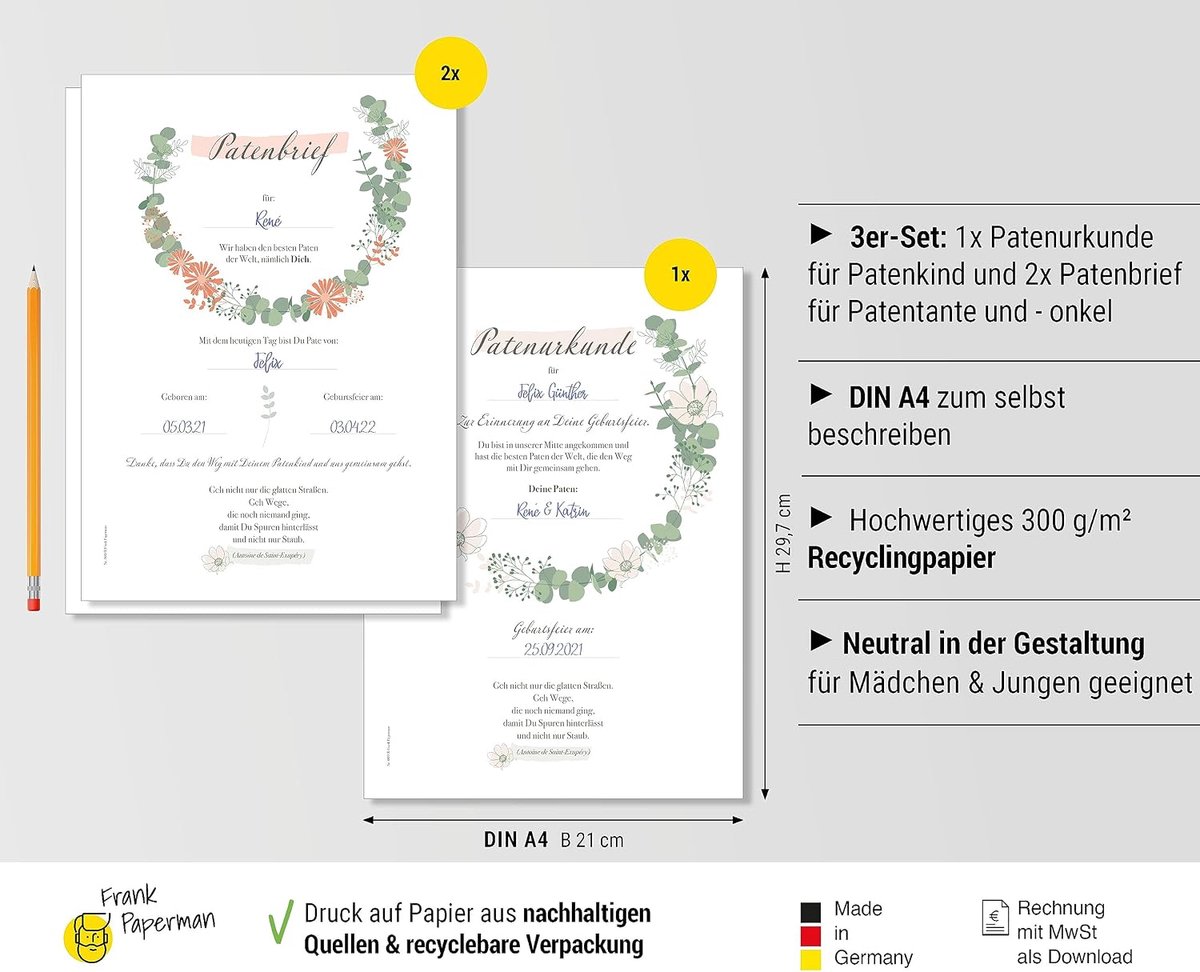 Patenooristen - Set van 3 - Hoogwaardig gerecycled papier - Persoonlijke certificaten - ShopVlot