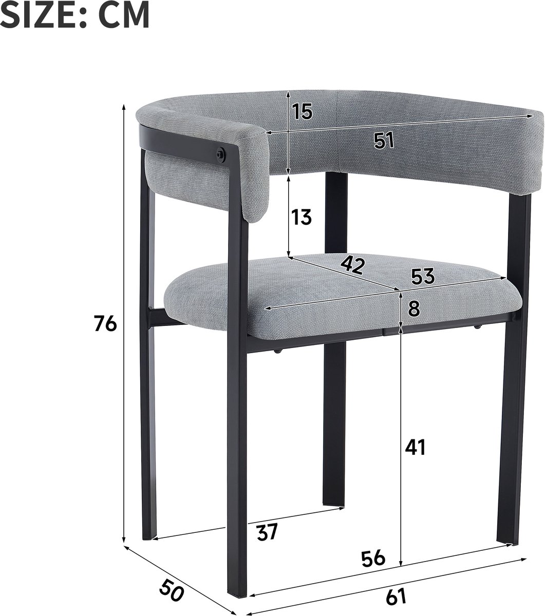 FloraGrace Eetkamerstoel – Halfopen Rugleuning Met Armleuningen – Set Van 2 – Chenille En Metaal – Modern Voor Eetkamer, Woonkamer Of Café – Grijs