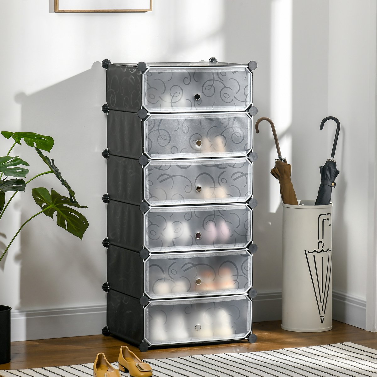 OKWISH Schoenenkast – Modulair Opbergsysteem Voor 6 Paar – 49 x 36,5 x 108 cm – Kunststof En Metaal – Zwart – Staand Met Deuren