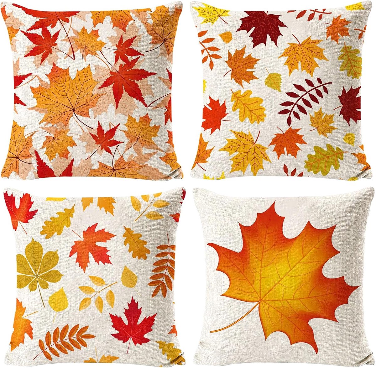 Pillowcases herfstthema - linnen - 4 stuks met esdoornbladeren - sfeervolle decoratie voor woonkamer - ShopVlot
