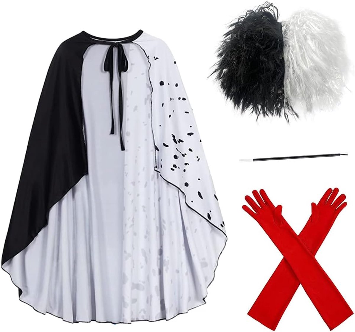 Carnavalife Cruella Devil Cape for Women, White and Black Wig Costume, Long Red Gloves and Cigar for Dalmatian - ShopVlot