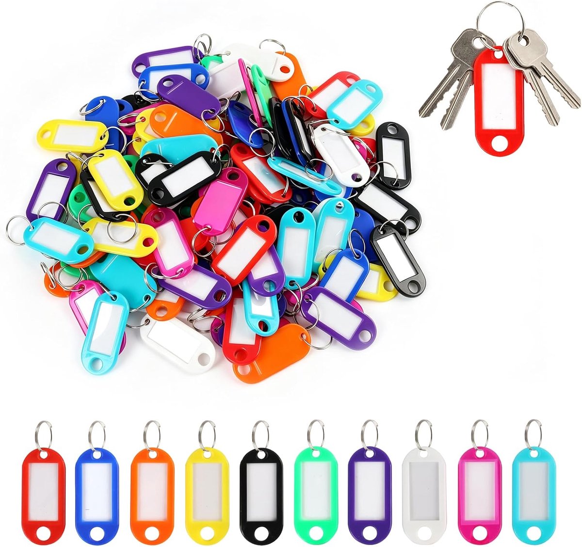 100 stuks sleutelhangers, personaliseerbaar, kleuren met herbeschrijfbare etiketten, 10 kleuren voor identificatie en - ShopVlot
