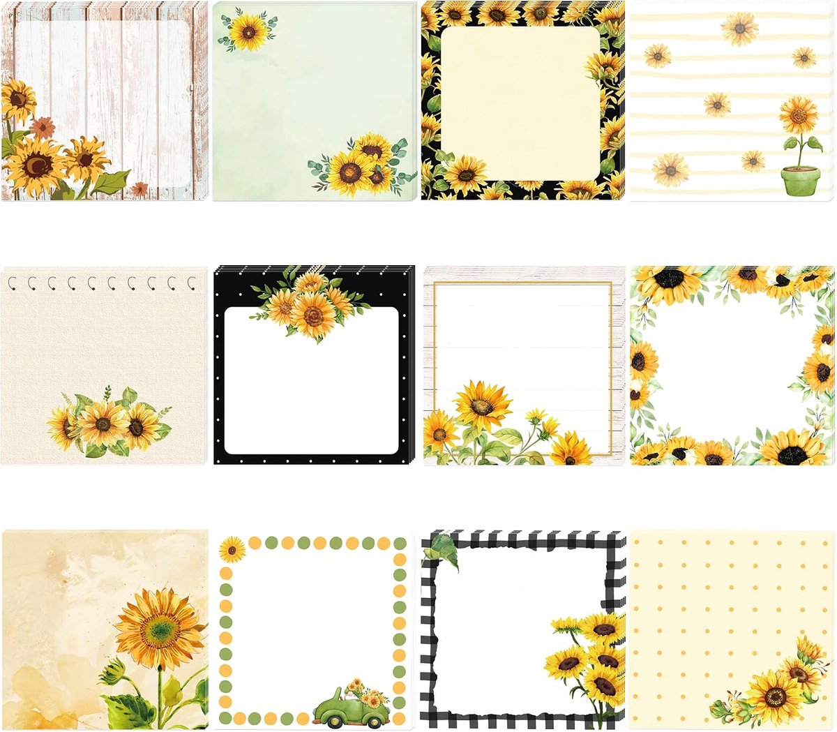 Boerni 12 pads, 240 vellen zonnebloemthema plaknotities 7 x 7,5 cm, schattige zelfklevende memonotities - ShopVlot