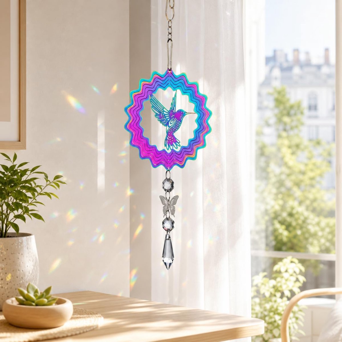 Stainless 3D Bird Shaped Wind Spinner with Butterfly and Crystal Charms - ShopVlot