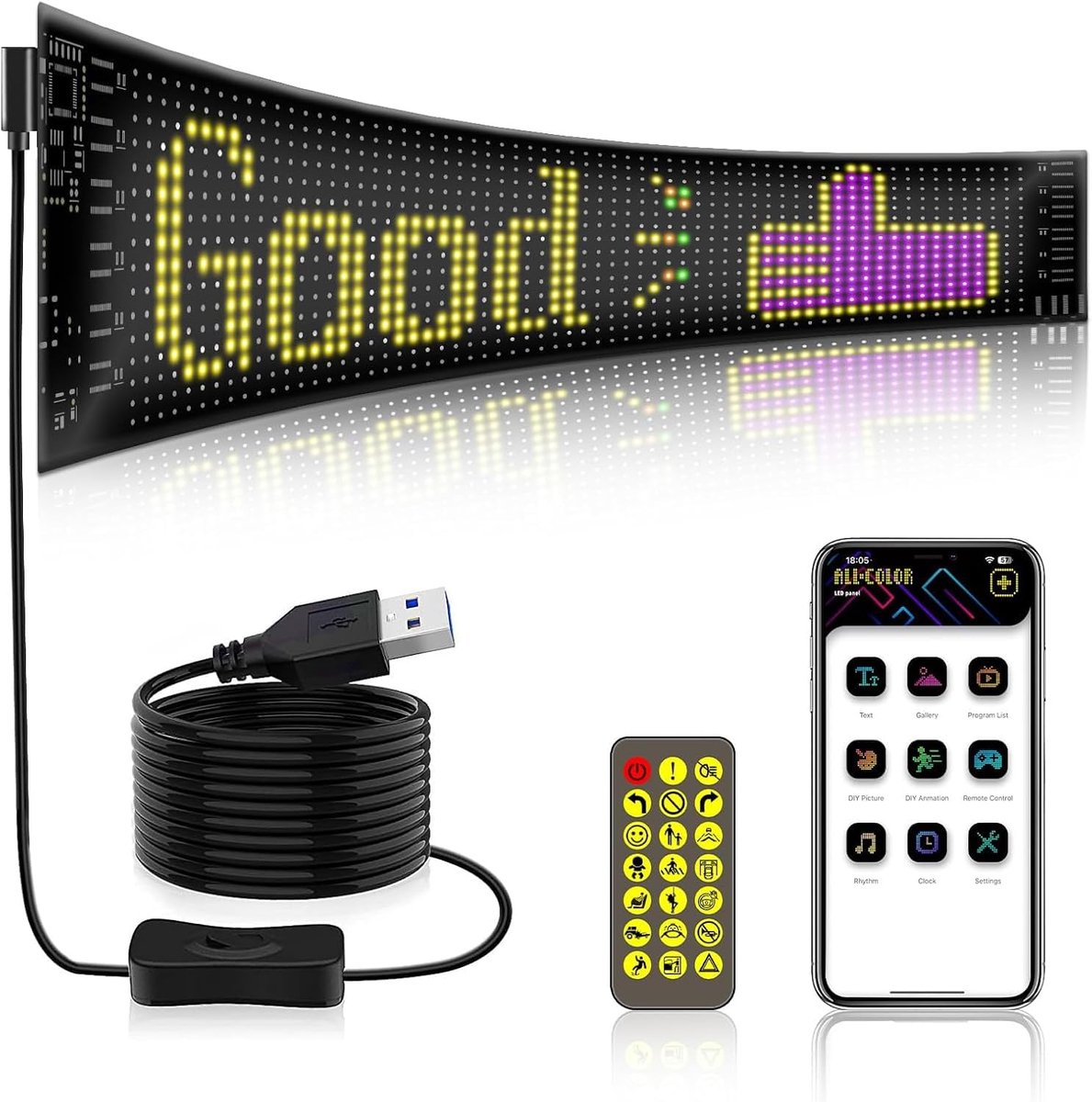 NEWFUN Programmable LED Sign, LED Display 37 x 9.2 cm, 5V/2A, RGB Panel, Bluetooth, Smart Apps - ShopVlot