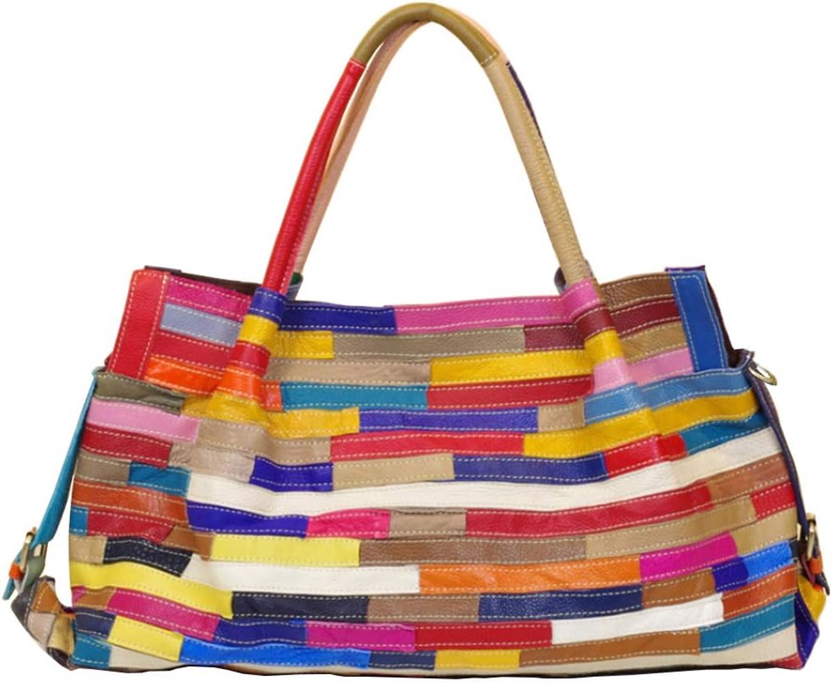 Women Multicolor Shopping Bag Genuine Leather Handbag Colorful Patchwork Large Shoulder Bag Shopper Bags Large - ShopVlot