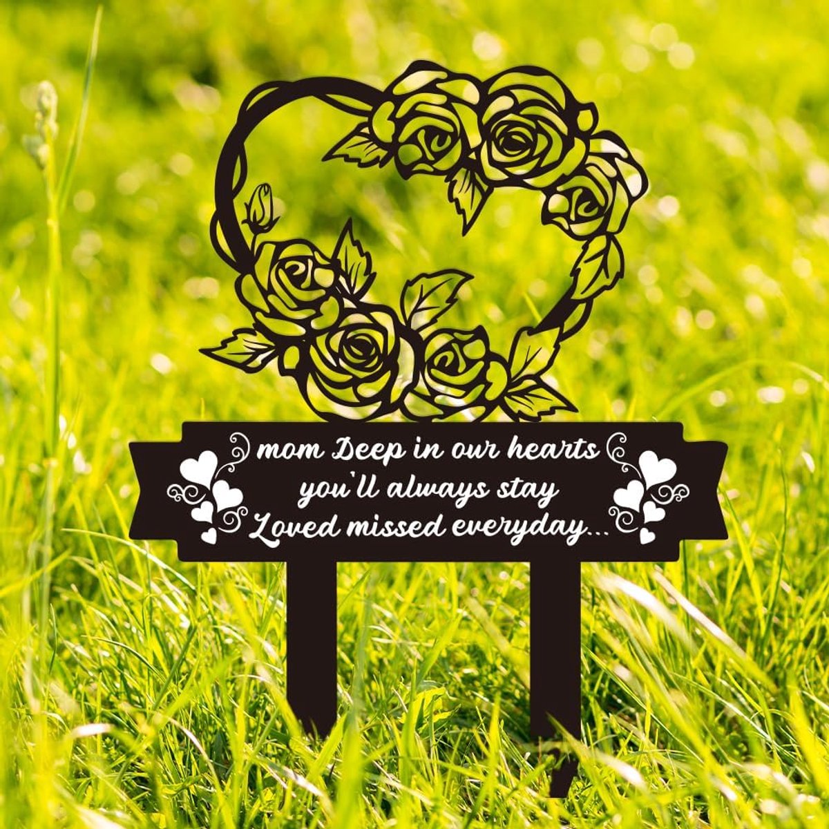 Love Mom Heart Memorial Grave Markers Flower Rose Metal Stakes Grave Plaque Stake Marker 10.6X13.7 Sympathy Garden - ShopVlot