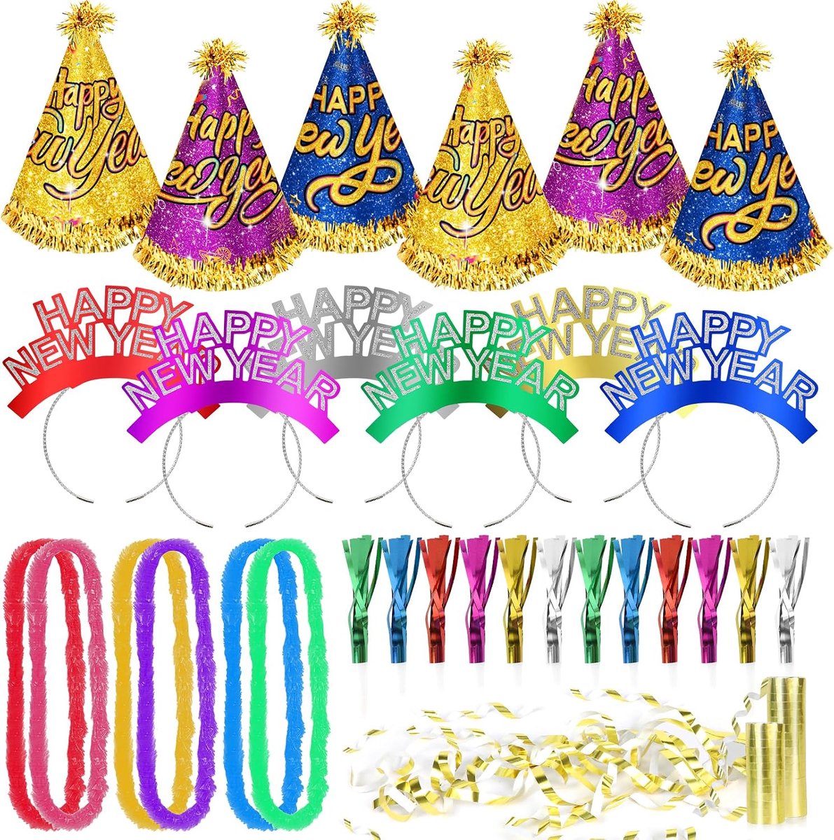 DPKOW 31pcs Colorful New Year Hats Headband Garland Fringed Blowers, Happy New Year Cones Hats Hairbands Props, New - ShopVlot