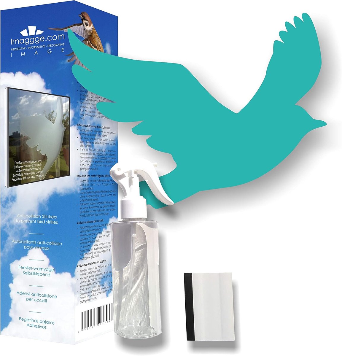 Anti-collision stickers to prevent bird attacks on window glass - Set of 22 bird silhouettes, spray and squeegee - ShopVlot