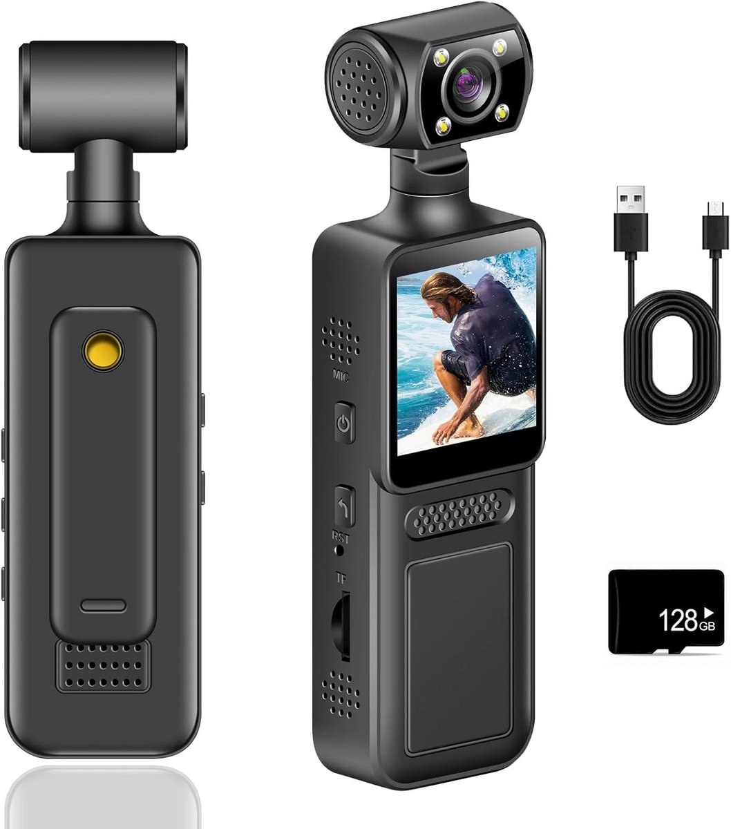 BAKENLON Lichaamscamera, ultrahelder, 4K bodycam lichaamscamera, mini met 128G geheugenkaart, 180° draaibare camera en - ShopVlot