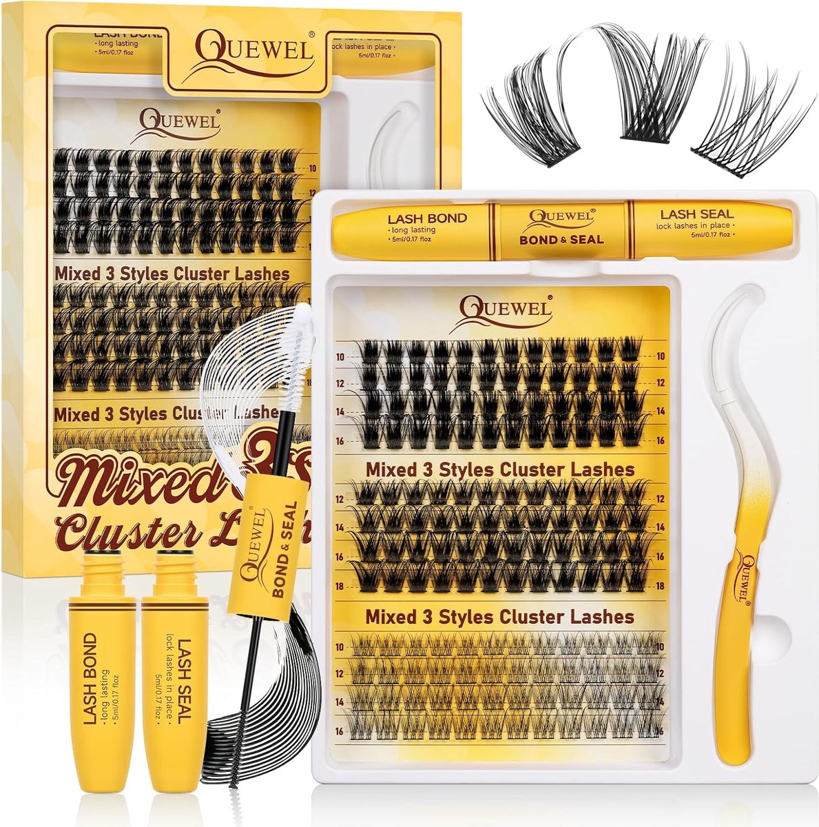 QUEWEL 144 Pieces DIY Eyelash Extensions Set Composition, 3 Styles Eyelashes Cluster with Bond&Seal and Eyelash - ShopVlot