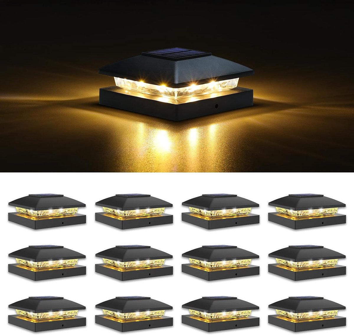VOLISUN 4x4 Solar Post Cap Light 12pack, Solar Fence - Post Lights Outdoor Waterproof for Wooden/Vinyl Post, Black - ShopVlot