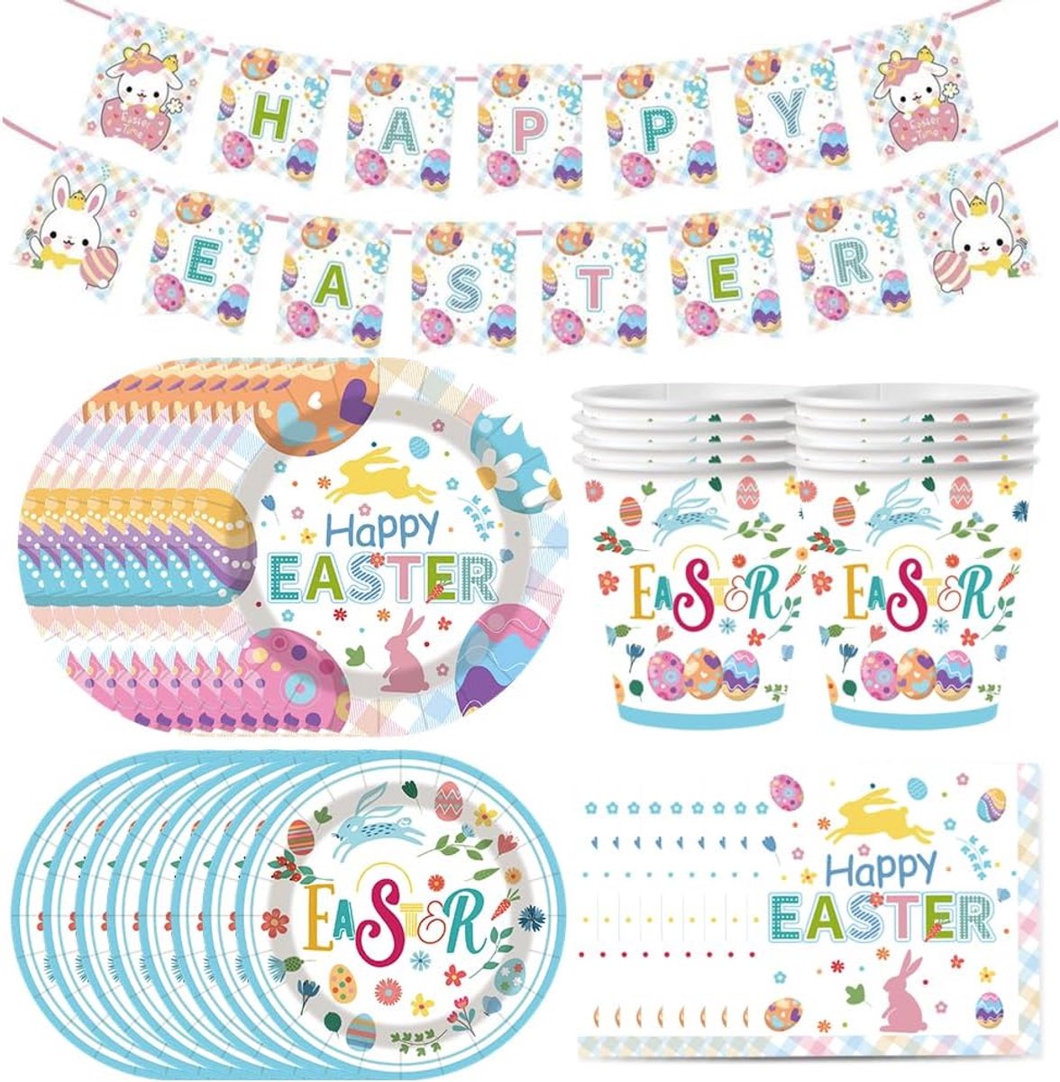 Easter Paper Tableware Set 52 Pieces Easter Party Tableware Rabbit Eggs Party Decoration Including Tablecloths - ShopVlot