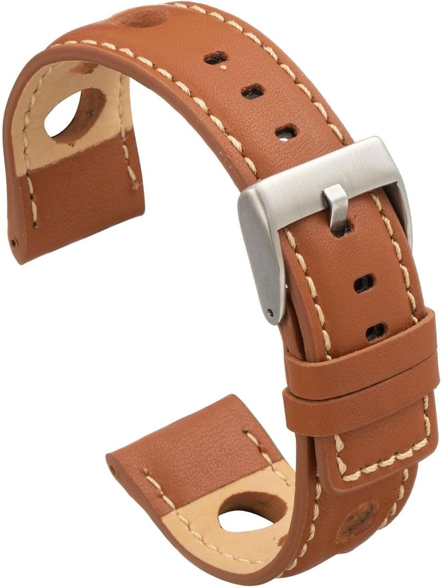 diloy Horlogeband van rundleer, geperforeerd, rallye-racing-stijl, sportief design, maten 20 mm, 22 mm, 24 mm, zwart - ShopVlot
