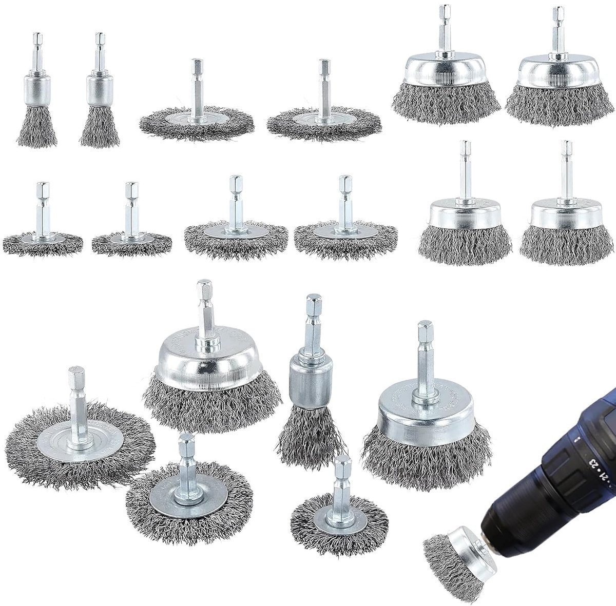 18 pieces wire brushes for drill, 6 sizes, steel brush, cordless screwdriver, wire brush, hexagonal wire brush - ShopVlot