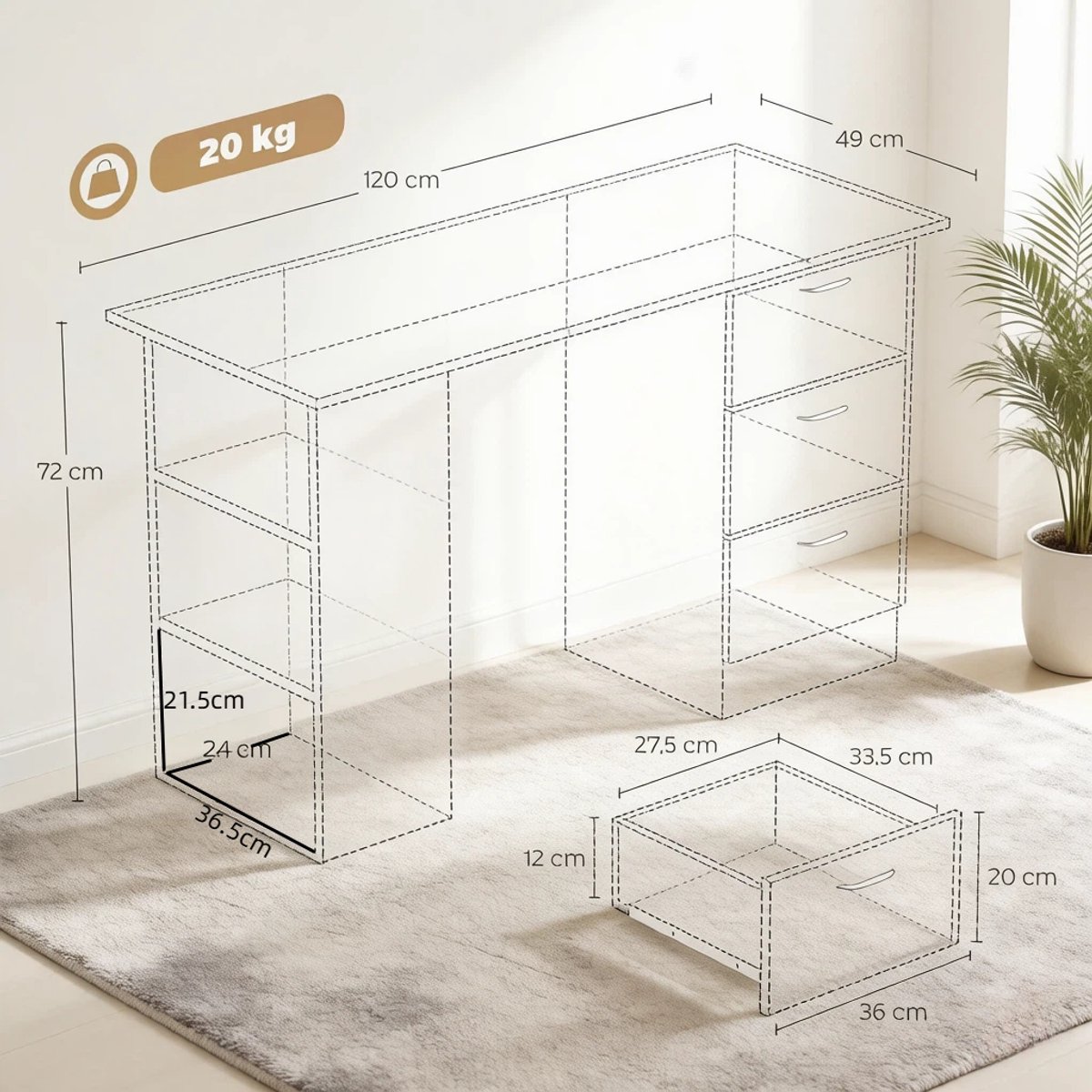 DESMIU Computerbureau - Flexibele Indeling Met 3 Lades En Opbergrekken - Voor Thuiswerk En Studiekamer - MDF - Zwart - 120x49x72 Cm