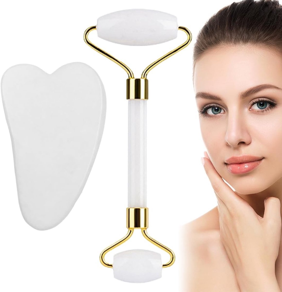 Set van 2 Gua Sha instrumenten en gezichtsroller voor ontspanning van nek en spieren, ideaal voor huidverzorging en massage.