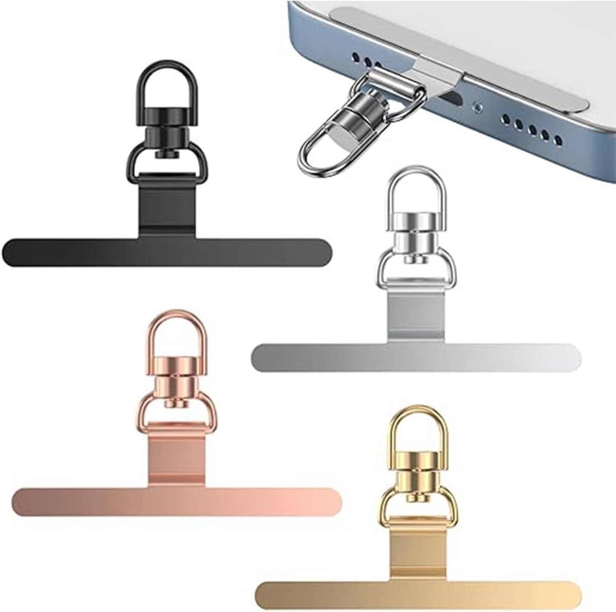 Thijox - 4 Stuks Telefoon Tether Tab Set - 360° Roterende Legering Mobiele Lanyard Adapter - Zilver, Zwart, Goud & Rose Goud - Universele Telefoonacce
