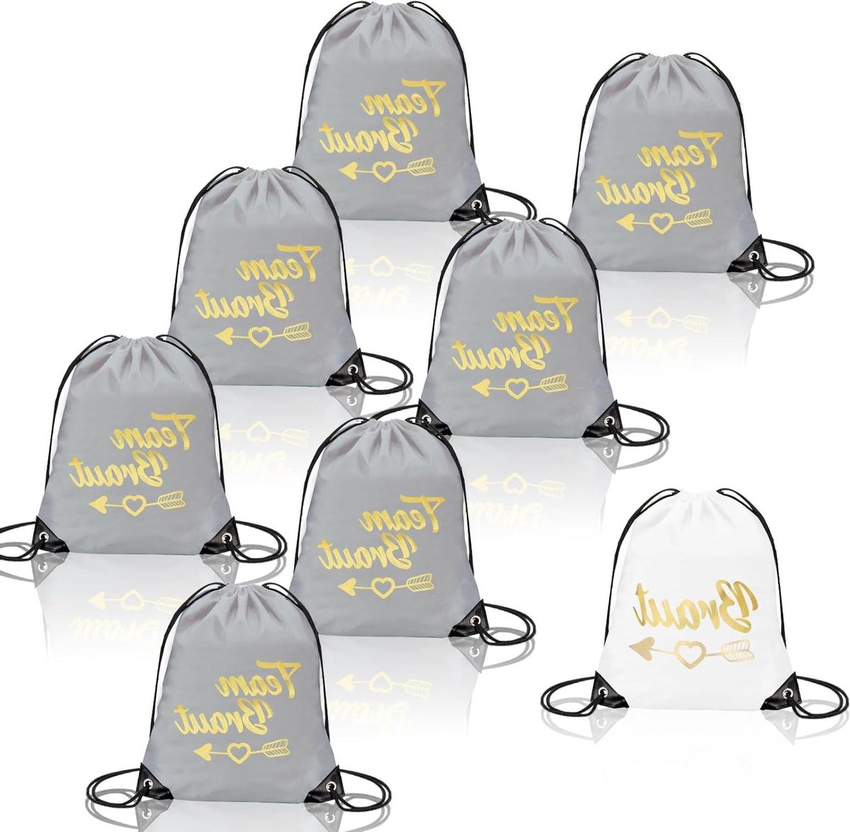 Team Bruid Tassen - Vrijgezellenfeest Set - Feest Organiseren - 8 Stuks Set - 34 x 42 cm - Wit Grijs
