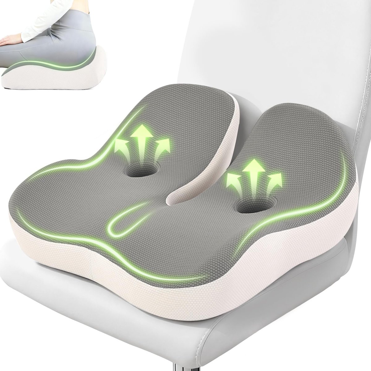 zitkussen van traagschuim, zwart en wit, ergonomisch, ter verlichting van het stuitbeen en rugcomfort (grijs)