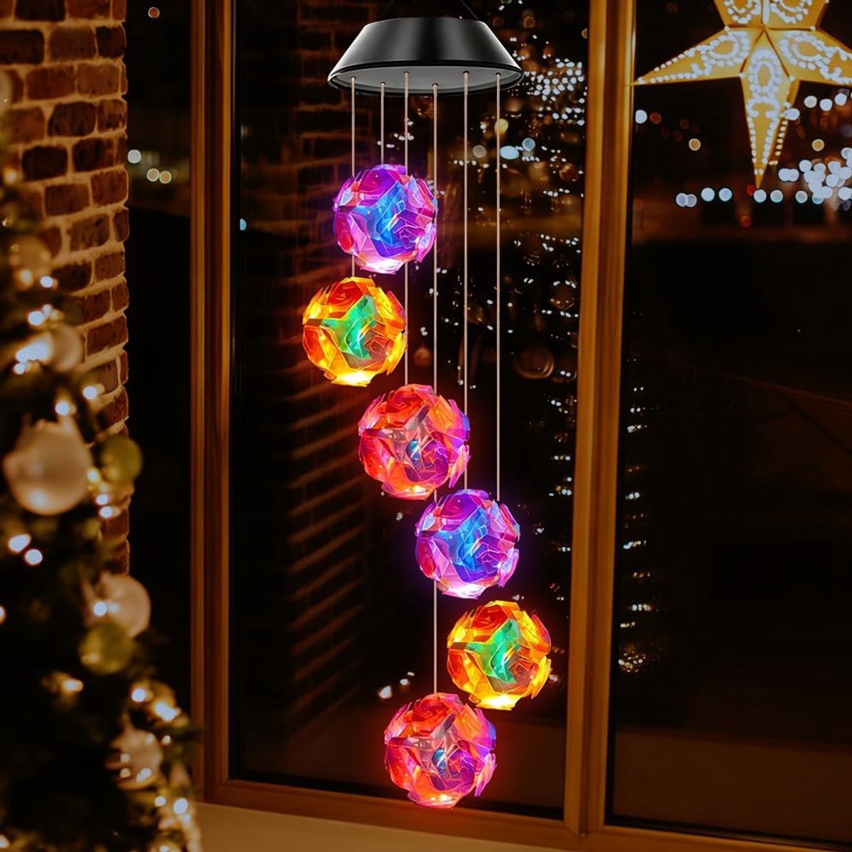 Windspel op zonne-energie, voor in de tuin, 6 leds, wisselende kleuren, moederdagcadeau voor balkon, decoratie, weerbestendig, buiten, hangend, terrasdecoratie, tuinlamp, tuinlamp voor boom