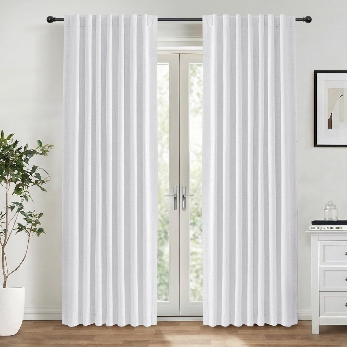 100% Verduisterende Gordijnen 2 Stuks, Linnenlook Gordijnen Thermisch Gordijn Koudewerende Ondoorzichtige Gordijnen, Wit Gordijnen voor Woonkamer Slaapkamer, H 225 x B 140 cm