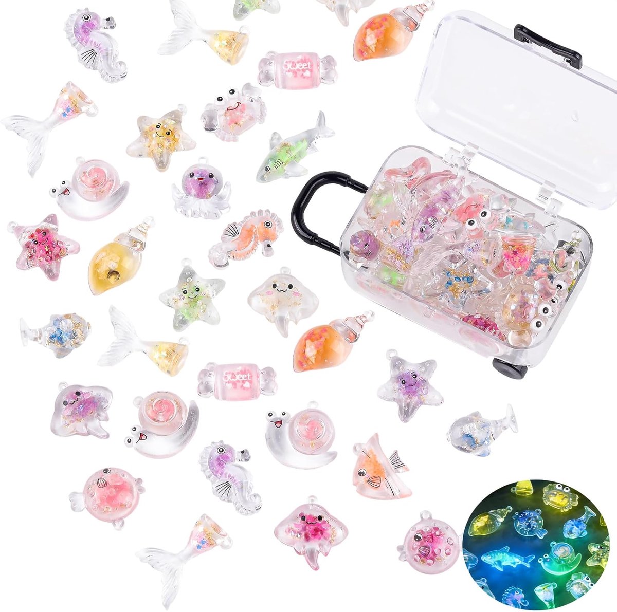 30 stuks mini oceaanhars dieren met 1 stuk kofferdozen, lichtgevende kleine zeedieren beeldjes om gloed in the dark marine miniatuur te verbergen voor fee tuin poppenhuis aquarium aquarium decor