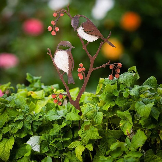 tuinsteker, 60 cm hoog, beschilderde vogel, tuindecoratie voor buiten, metalen meisen en bessen, outdoor tuinfiguren — afbeelding 3