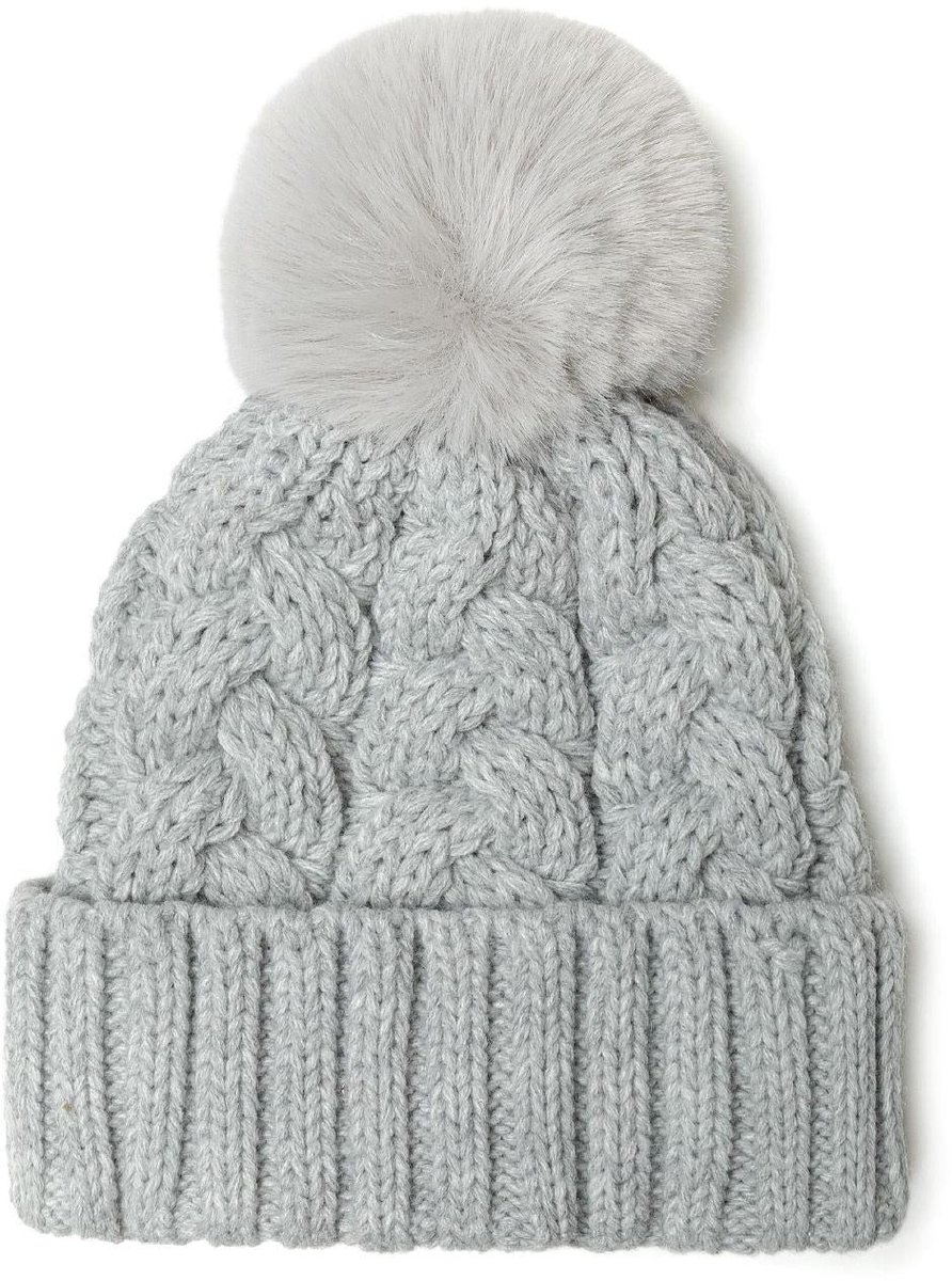 Minoti gebreide muts meisjes - grijs met nepbont pompom