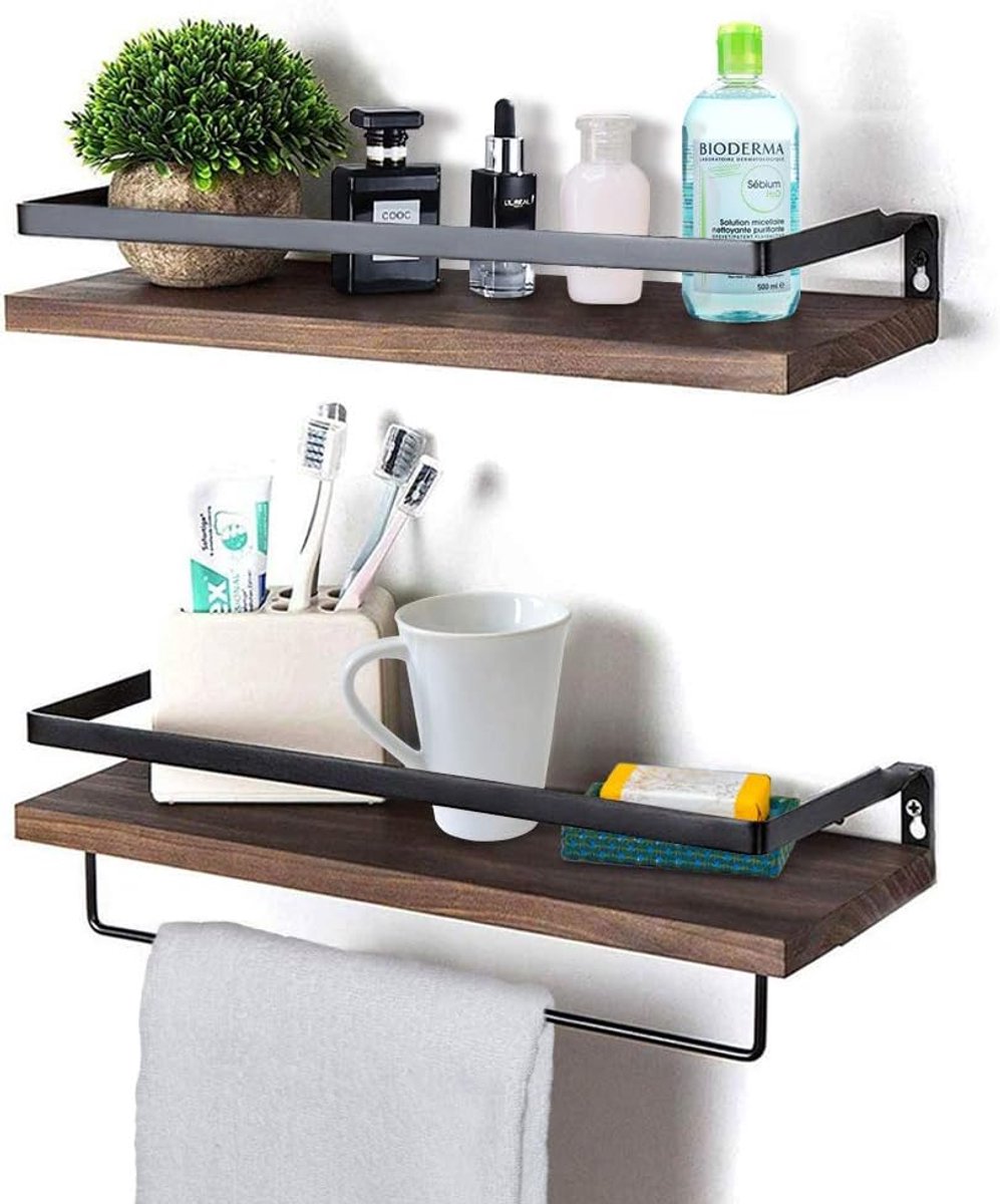 Zwevende houten wandplank, wandgemonteerde zwevende planken met handdoekenhouder, rustieke opbergplanken, ideaal voor de woonkamer, slaapkamer, hal, badkamer, 2 stuks (donkerbruin)