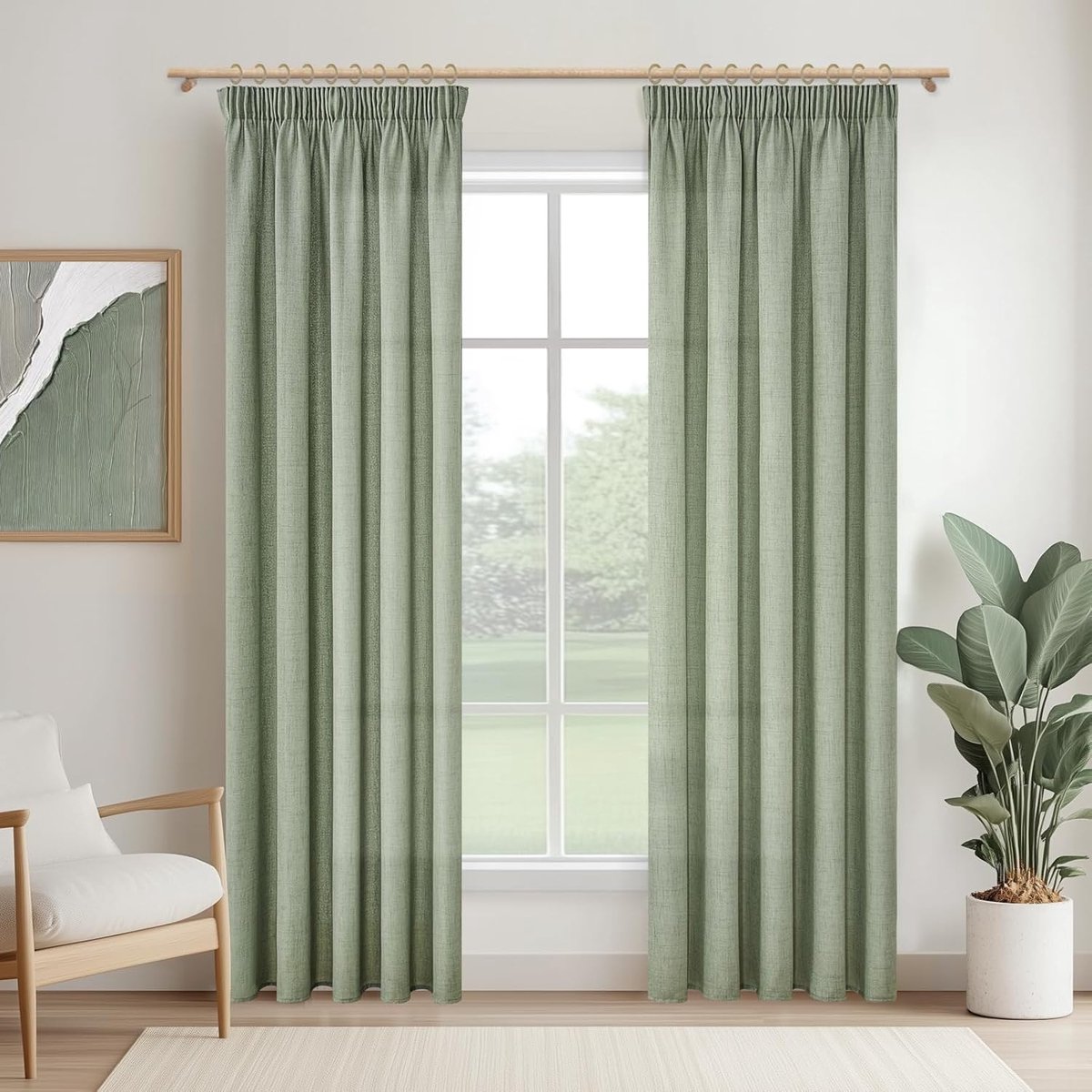 Gordijnen met plooiband, linnenlook, half-transparant, saliegroen, voor woonkamer, set van 2, gordijnen, slaapkamer, 225 cm lang, 140 cm breed, linnen, raam, kinderkamer