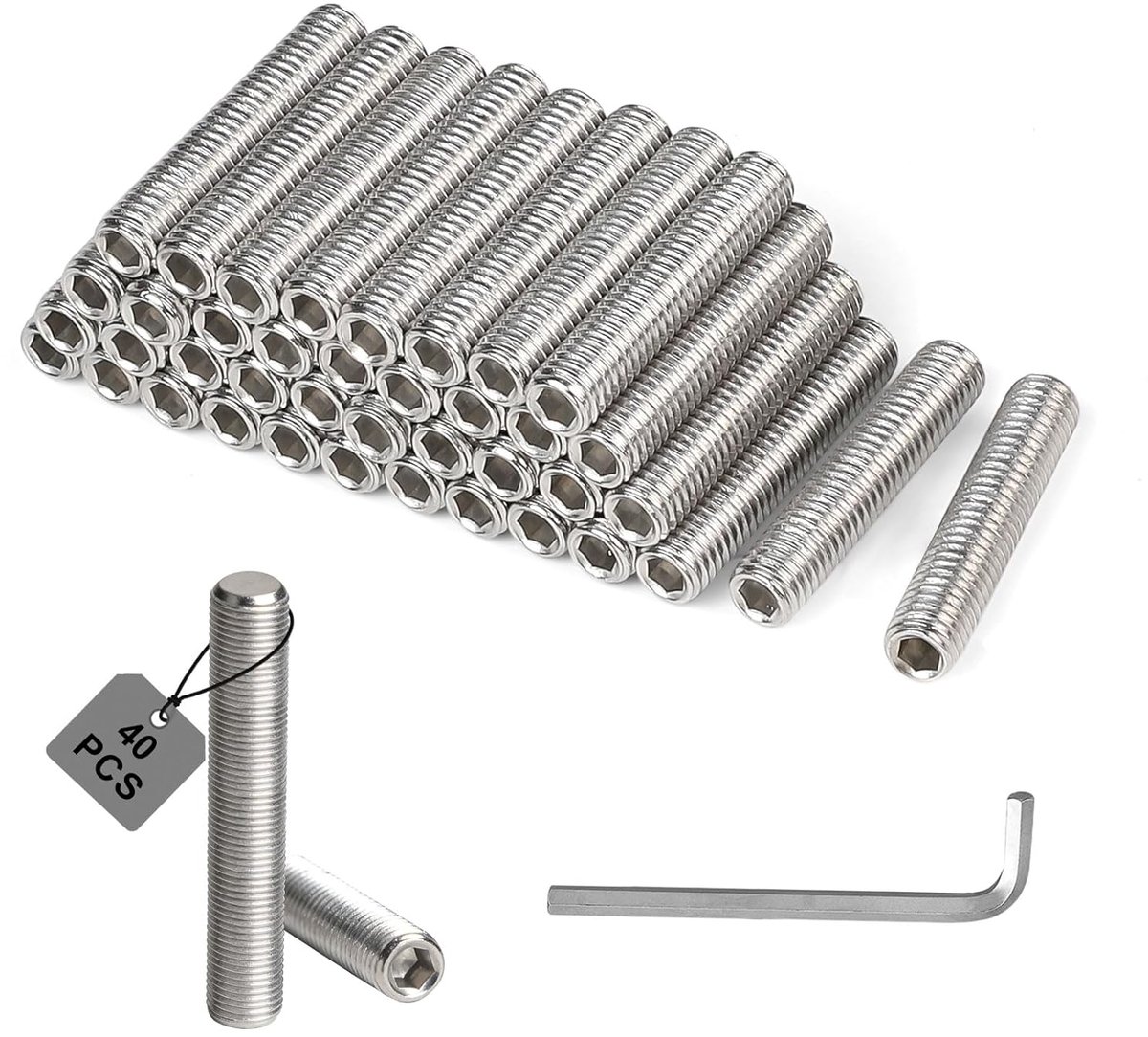 40 stuks schroefdraadstang roestvrij staal M8 x 40 mm, zelfborgende schroeven M8 met inbussleutel, steunpennen, draadstijlen DIN 975, draadstang voor montage van meubels en industriële