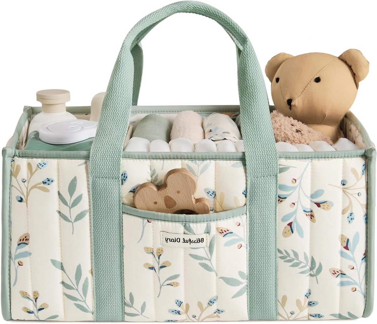 Luiertas Organizer - Luier Caddy - Babybenodigdheden Ordenen - Met Verwijderbare Scheidingswanden - 38 x 25 x 18 cm - Saliebladgroen