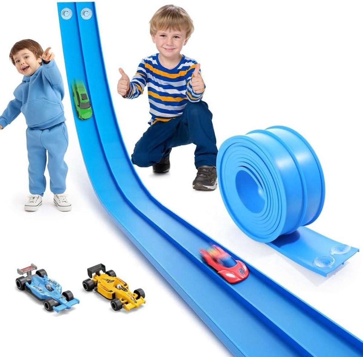 Flexibele racebaan - Autobaan speelgoed - Creatief spelen - Met 12 zuignappen - 5 meter - Blauw
