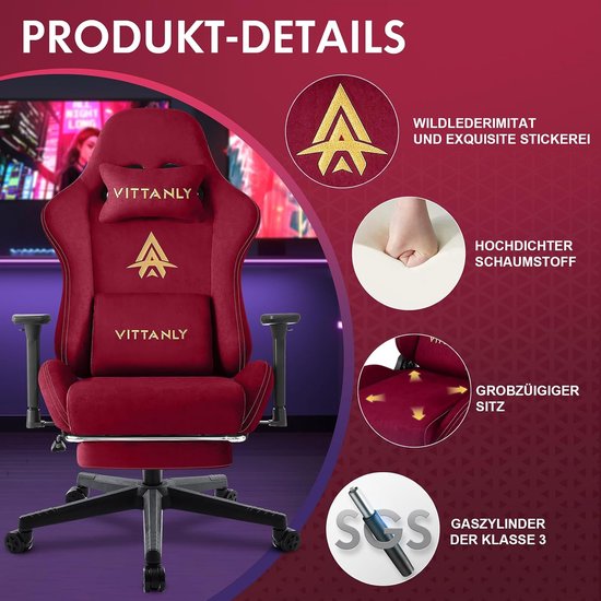 Gamingstoel met Voetensteun - Ergonomische Stoel - Comfortabel Zitten - Ademend Imitatie Suede - 90-155 graden rugleuning - Wijnrood — afbeelding 2