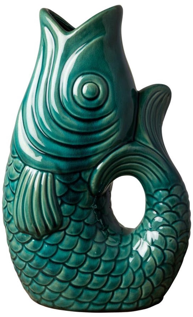 Vaas van aardewerk, blauw, Boheemse vis, 30,5 cm hoog, 20 cm diep, 14 cm breed